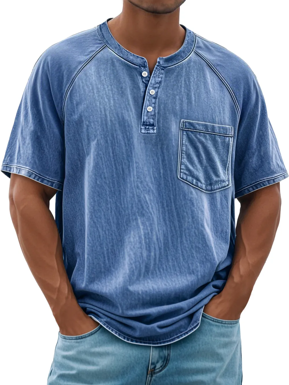 Men's Retro Everyday Raglan Pocket Casual Short Sleeve Henley Shirt