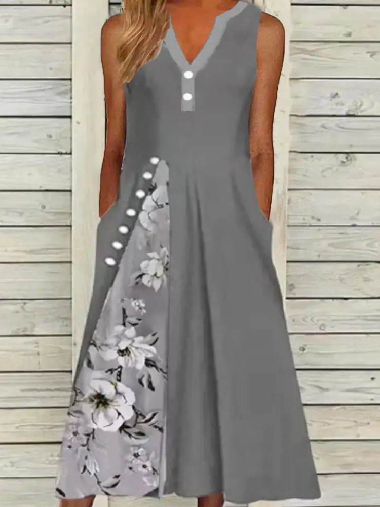 Casual Floral Print Sleeveless V Neck Midi Dress