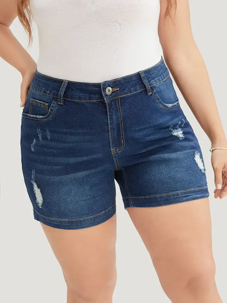 Moderately Stretchy High Rise Dark Wash Distressed Denim Shorts