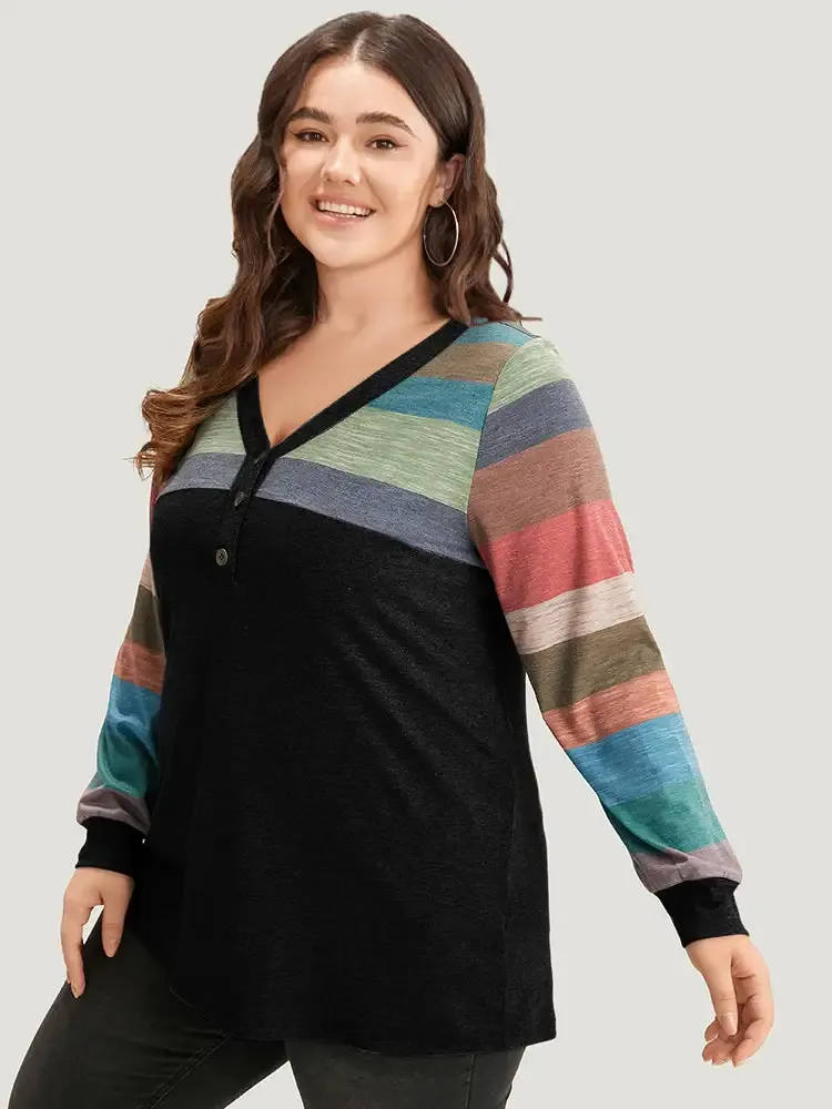 Colorblock Contrast V Neck Button Up T-Shirt