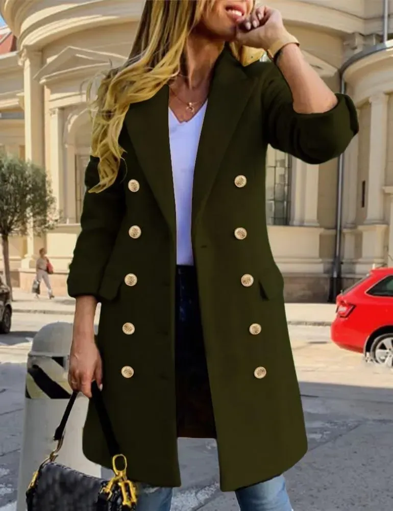 Womens Fall Winter Wool Coats Double Breasted Midi Peacoat Trench Coats
