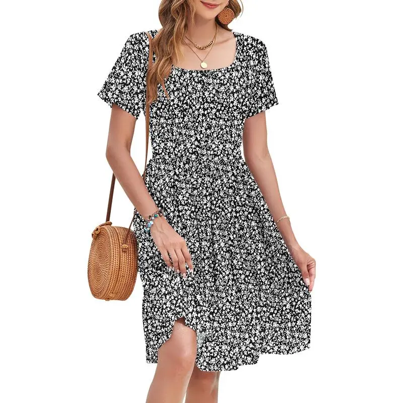 Women’s Ditsy Floral Square Neck A-Line Sundress with Pockets – Short Sleeve, Ruffle Hem