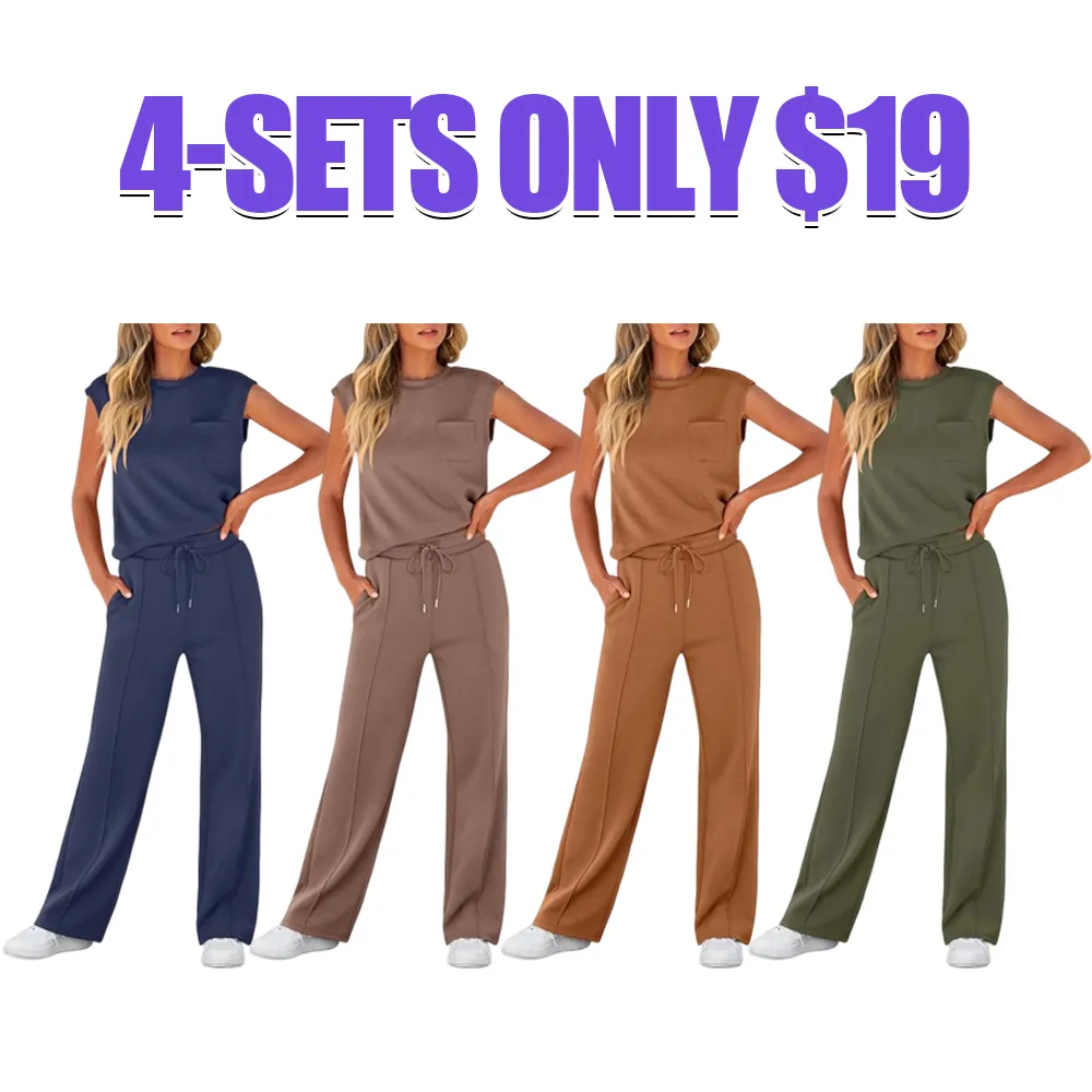 Women's Summer 2 Piece Outfits Casual Sleeveless Sweatsuits Matching Wide Leg Tracksuits Lounge Sets