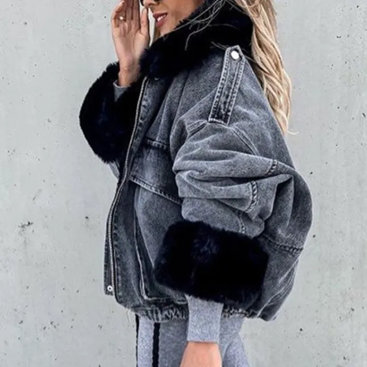 Winter Faux Fox Fur Collar Jacket Denim Women Elegant Big Pockets Jacket