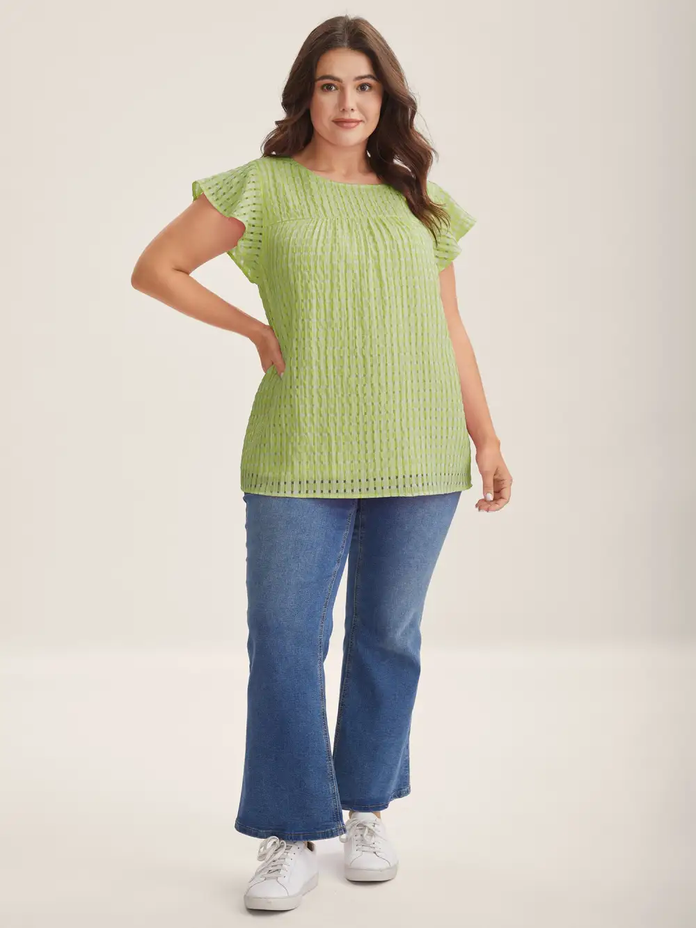 Textured Sheer Lined Flutter Sleeve Blouse