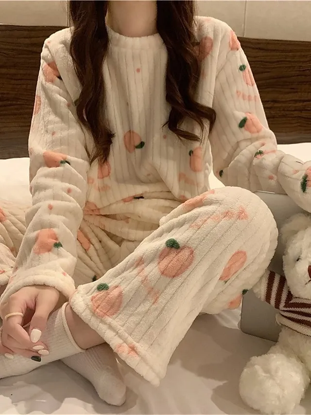 Women's Fleece Loungewear Sets Fluffy Pajama Fuzzy 2 Pieces Bear Peach Fashion Casual Comfort Street Daily Date Polyester Warm Crew Neck Long Sleeve Pant Fall Winter Lotus Pink Black