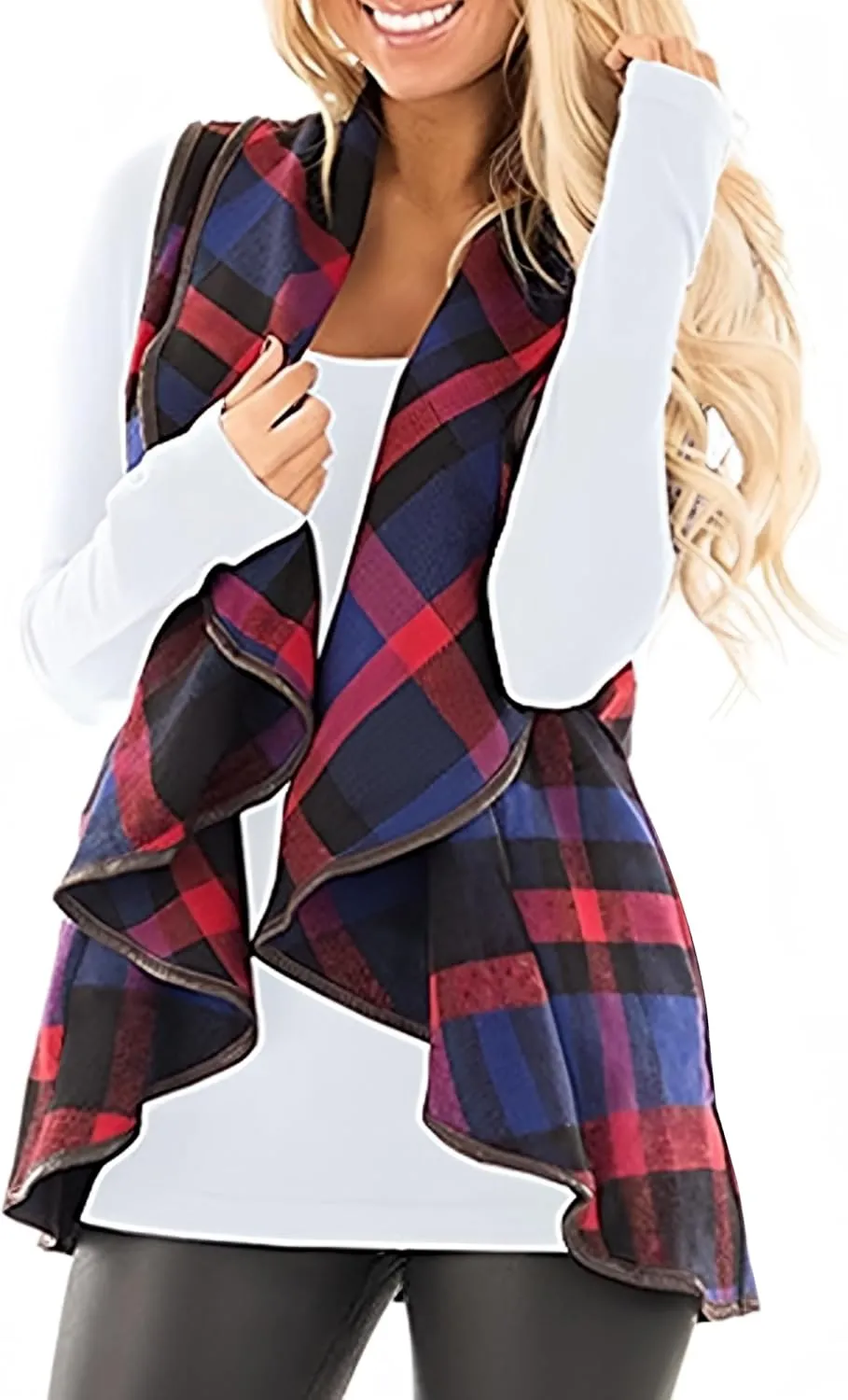Womens Buffalo Plaid Vest Casual Lapel Open Front Sleeveless Cardigan Jacket Coat with Pockets