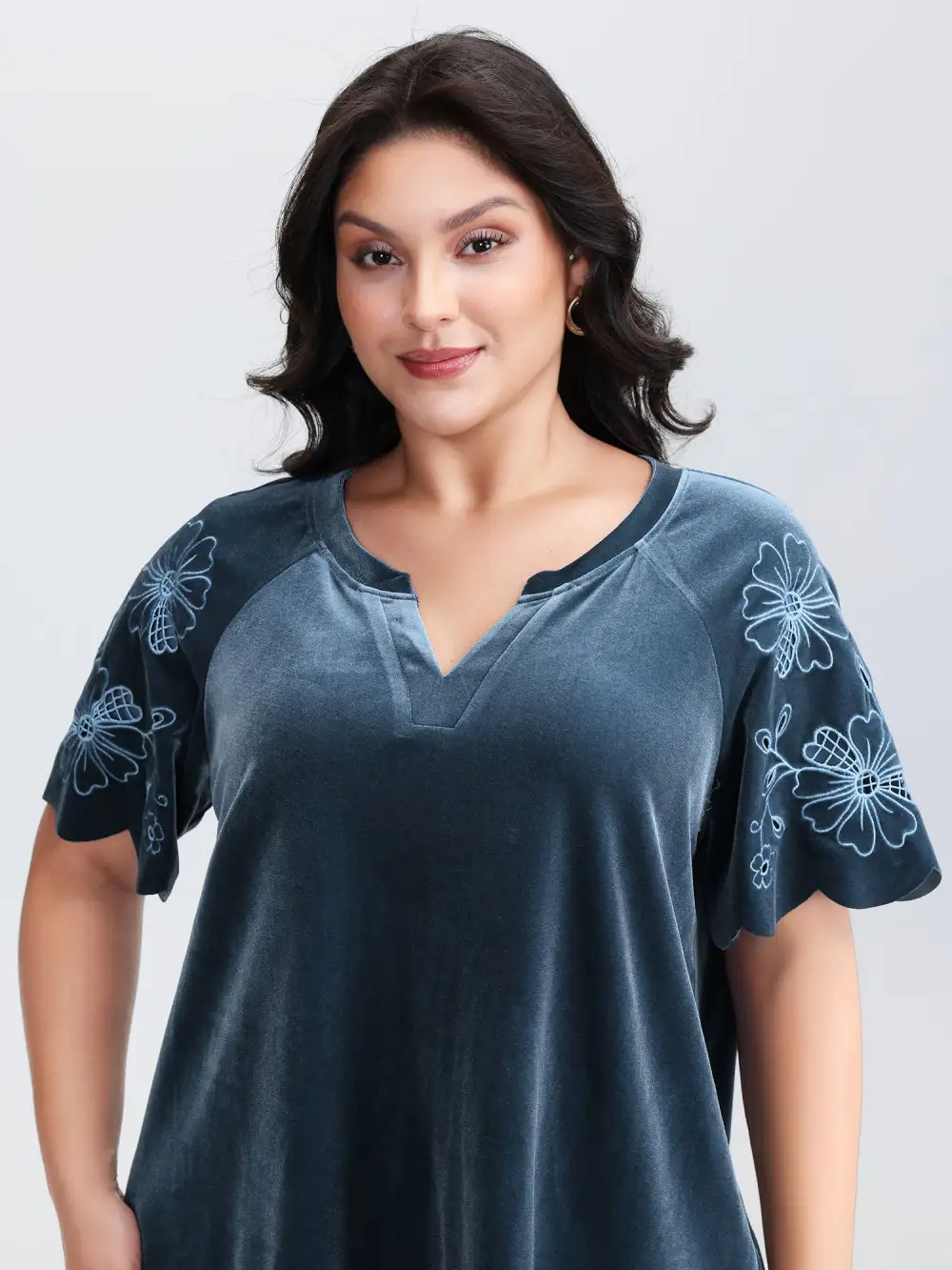 Velvet Embroidered Mesh Sleeve Stretchy Blouse