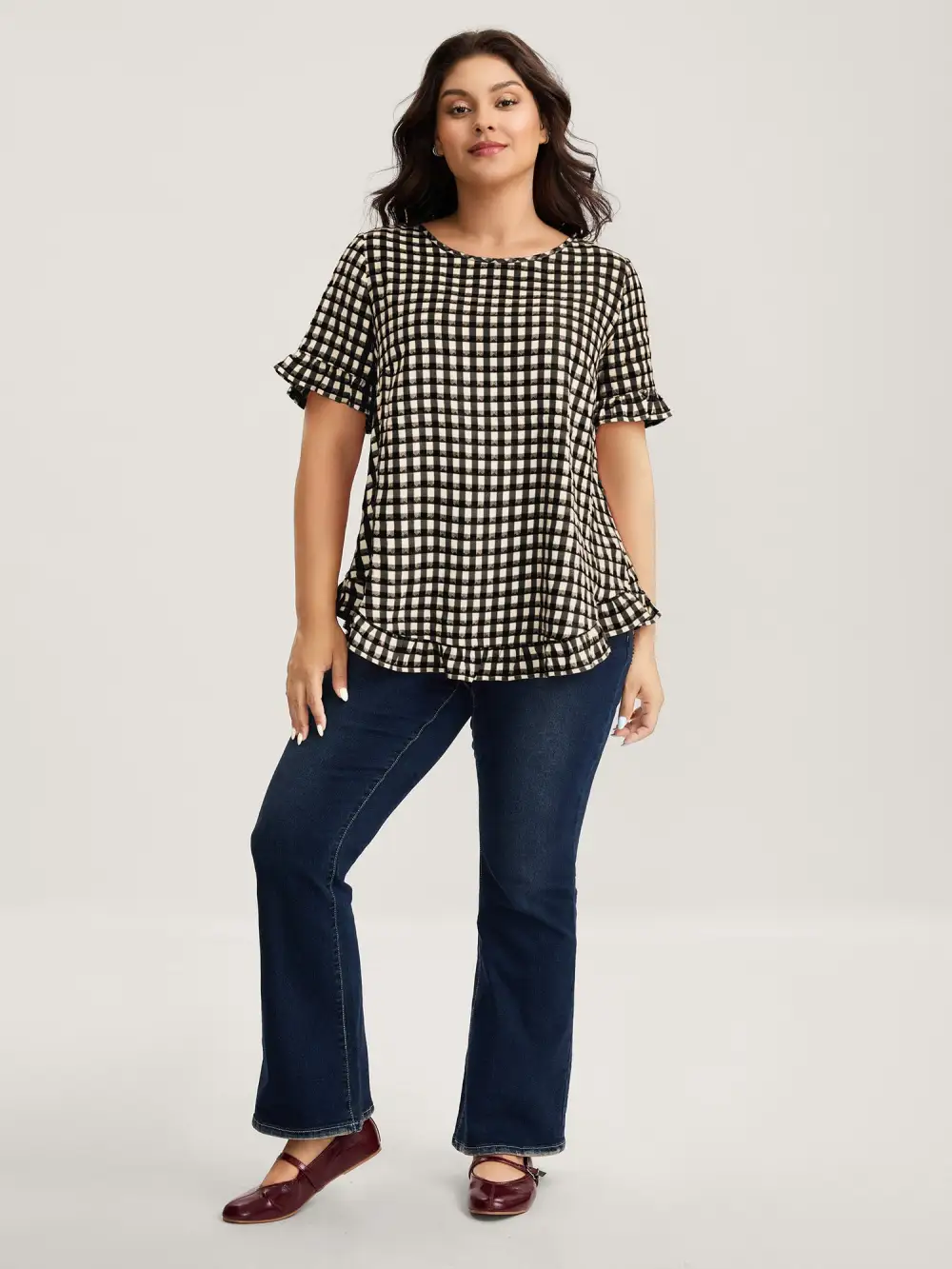 Gingham Print Button Back Blouse