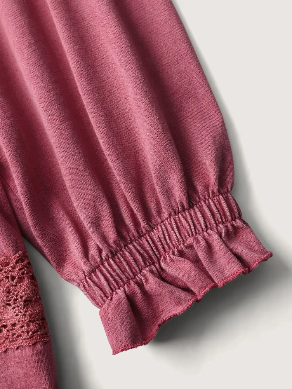 Washed Lace Trim Tiered Round Neck Sweatshirt