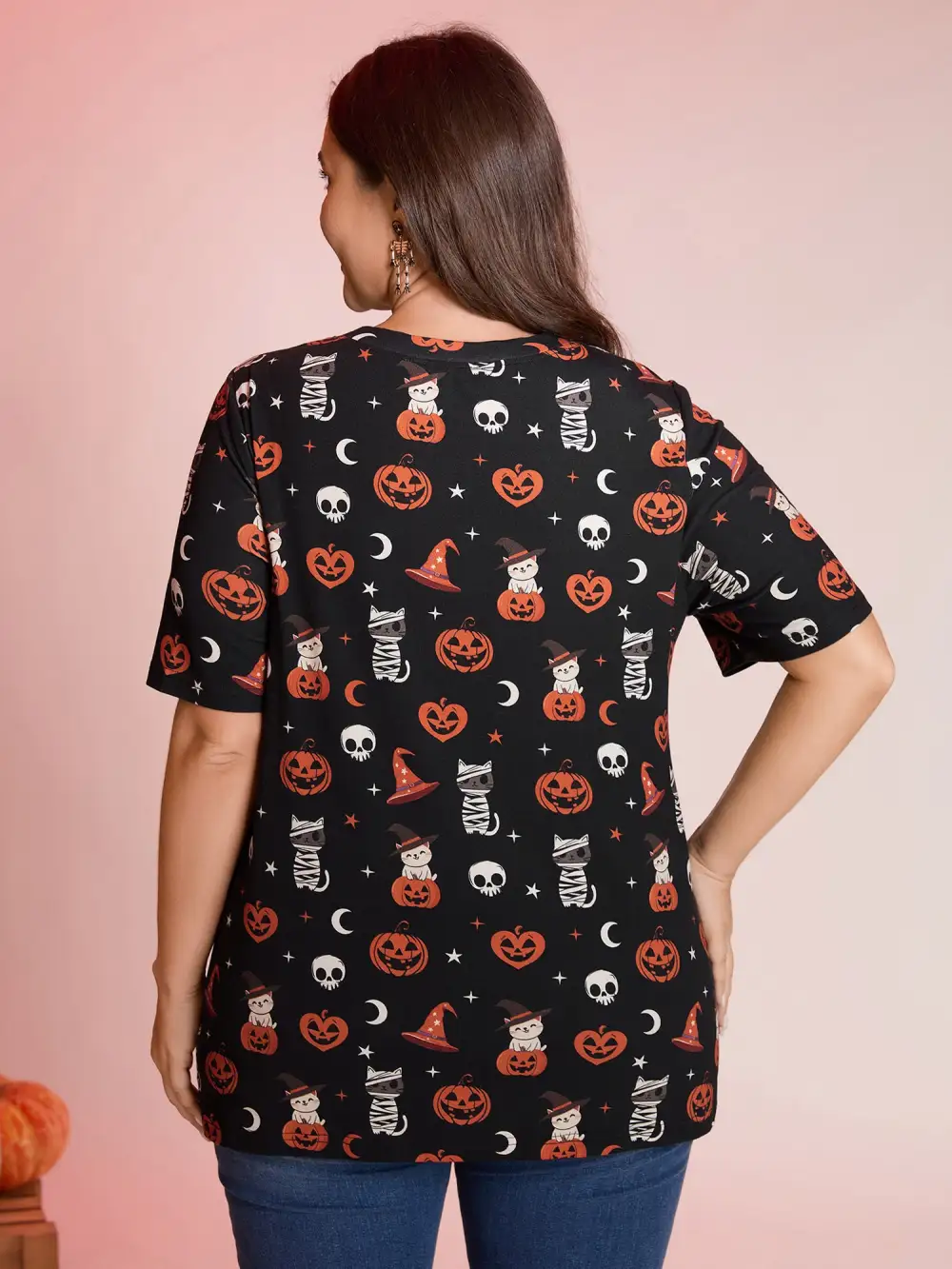 Pumpkin Everywhere Print Overlap Hem T-Shirt