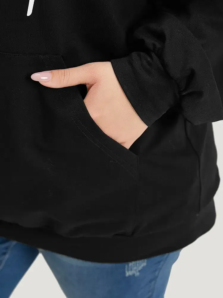 Letter Print Pocket Drawstring Hooded Sweatshirt