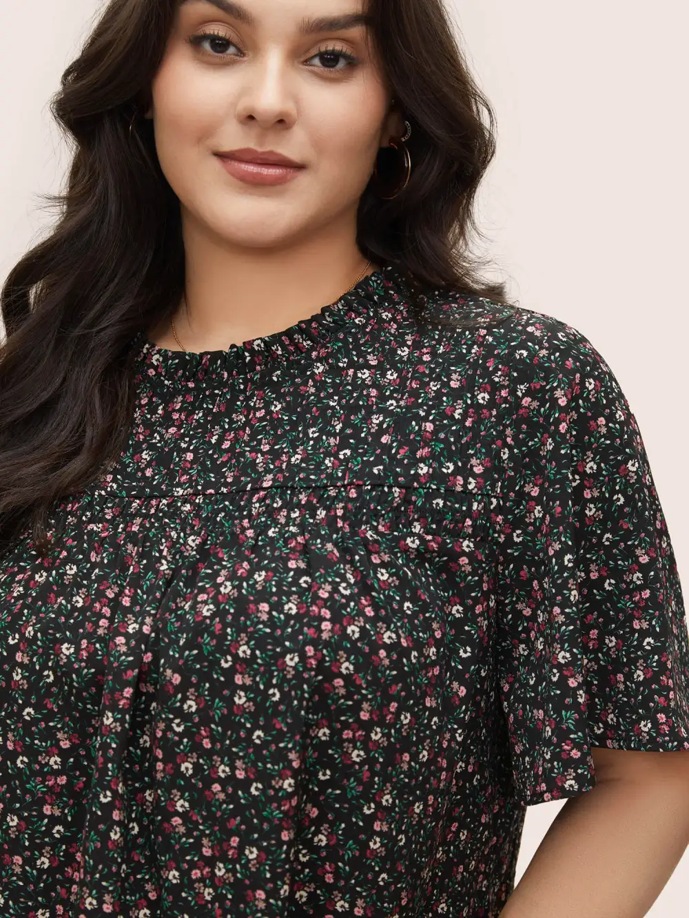 Ditsy Floral Plicated Detail Frill Trim Blouse