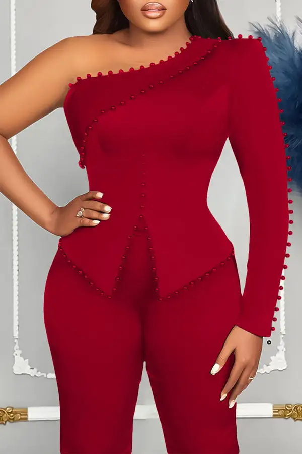 Beaded Decor Glamorous One Shoulder Pant Suit