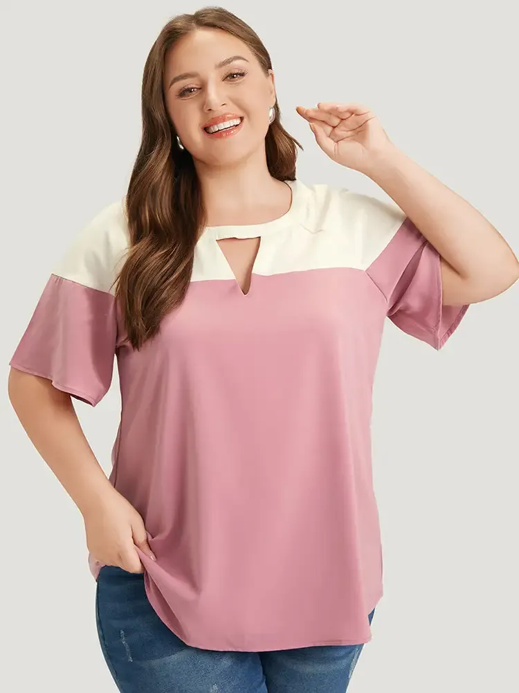 Anti-Wrinkle Two Tone Keyhole Raglan Sleeve Blouse