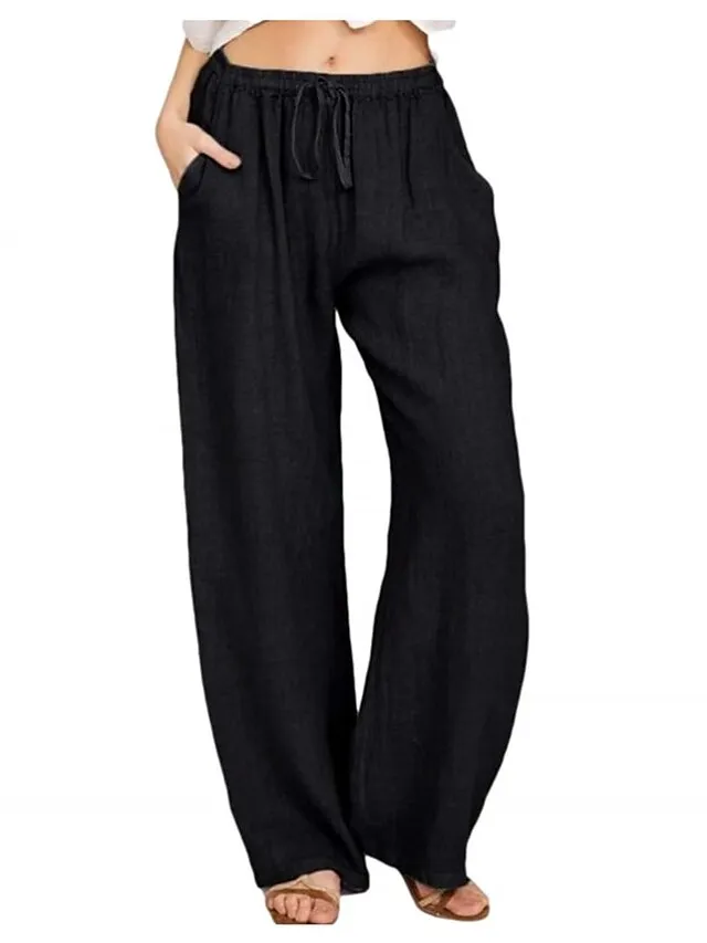 Women's Basic Essential Classic Culottes Wide Leg Chinos Drawstring Pants Casual Inelastic Solid Colored Faux Linen Lightweight Mid Waist Loose Black Blue Gray Dusty Blue S M L XL XXL