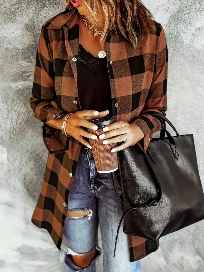 Plaid Print Button Front Shirt, Casual Long Sleeve Shirt For Spring & Fall,