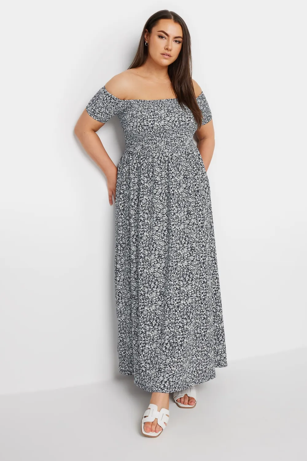 YOURS Curve Navy Blue Floral Print Bardot Midaxi Dress