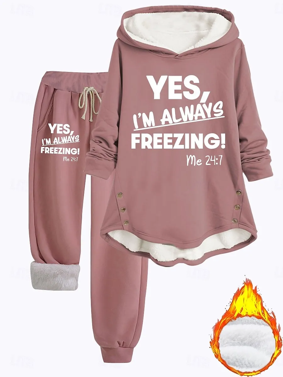 Women's 2 Pieces Loungewear Set Hoodie and Joggers Casual Cold Weather Phrase Print with Fleece Lining Cozy Fit Winter