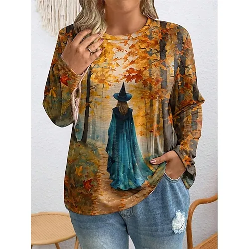 Women's Sweatshirt Halloween Witch Halloween Print Yellow Purple Green Casual Loose Fit Crew Neck Long Sleeve Inelastic Spring Fall