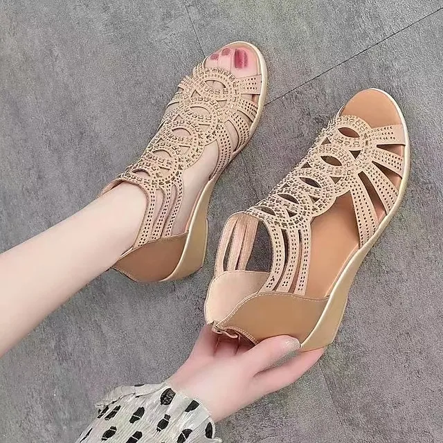 Women's Sandals Wedge Sandals Gladiator Sandals Roman Sandals Sparkly Sandals Outdoor Daily Beach Summer Wedge Heel Peep Toe Elegant Classic Casual Faux Leather Zipper Solid Color Black Champagne