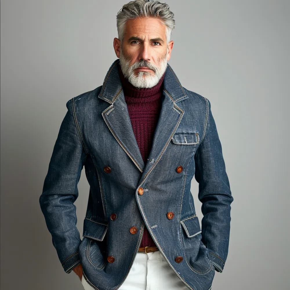 Men's Business Denim Notch Lapel Buttons Flap Pocket Blazer