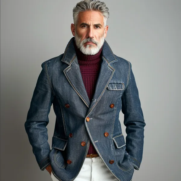 Men's Business Denim Notch Lapel Buttons Flap Pocket Blazer