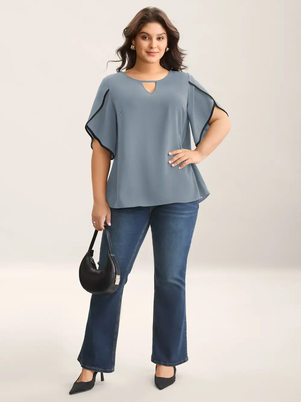 Color Contrast Petal Sleeve Shirt