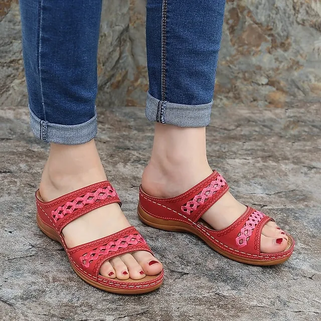 Women's Sandals Slippers Casual Daily Beach Solid Colored Summer Spring Cut Out Embroidery Wedge Heel Round Toe Casual Minimalism Synthetics Loafer Wine