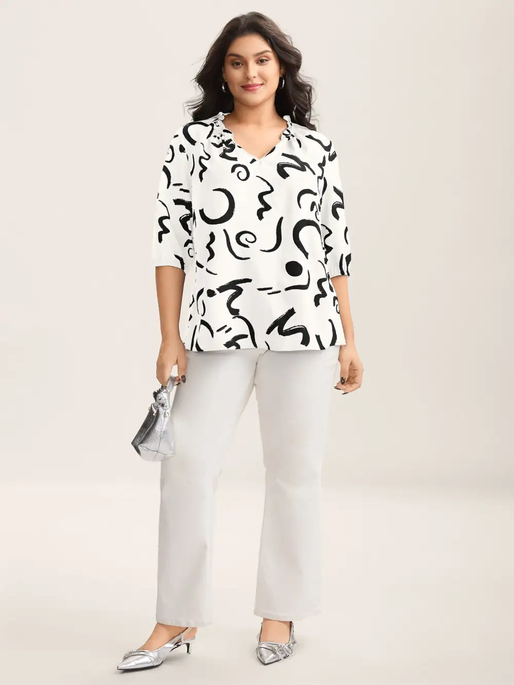 Scribble Print Ruffled Split Neck Blouse