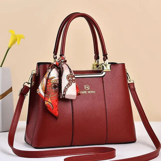 Women's Handbag PU Leather Shopping Daily Solid Color Black (khaki silk scarf) Wine red (red silk scarf) White (green silk scarf)