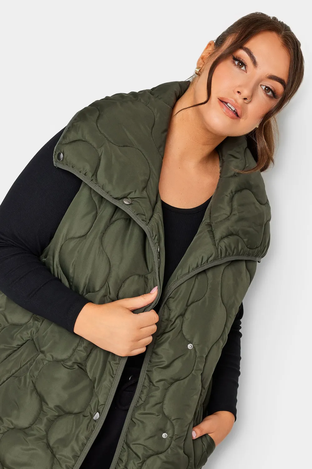 YOURS Curve Black Funnel Neck Quilted Longline Gilet