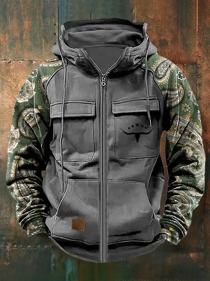 Men's Vintage Paisley Art Print Multi-Pocket Jacket