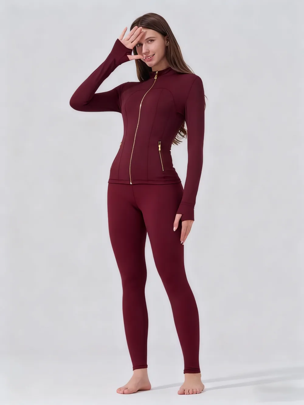 Women's  Sporty Tracksuit: Golden Zipper Pocket Jacket + Yoga Pants
