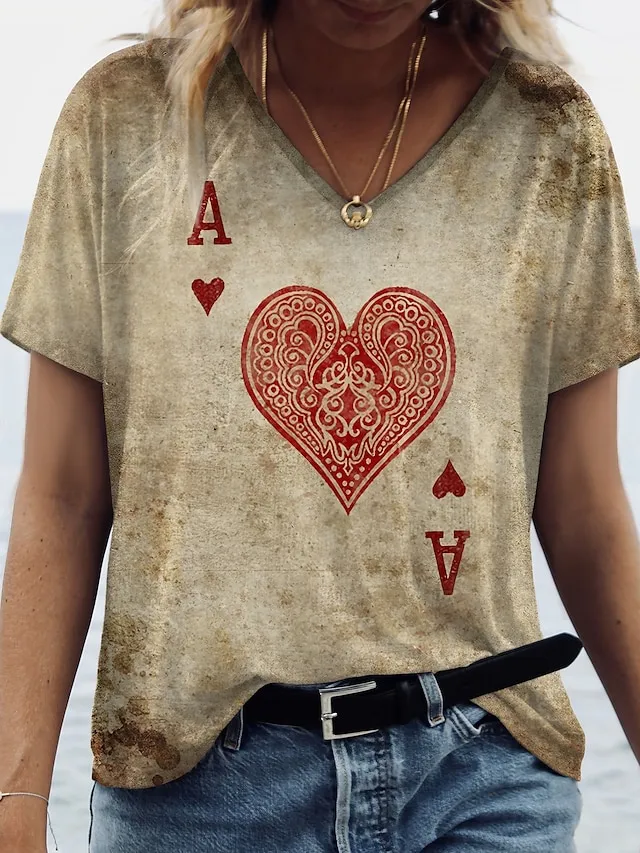 Women's T shirt Tee Brown Graphic Heart Print Short Sleeve Daily Weekend Basic Vintage V Neck Regular Painting S