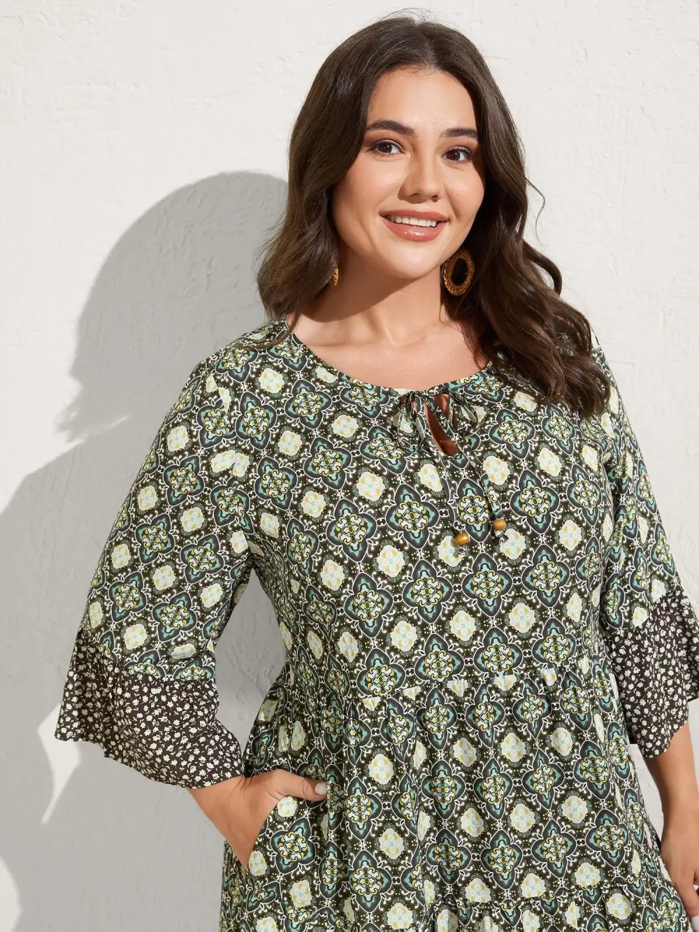 Geometric Print Flared Sleeve Tiered Midi Dress
