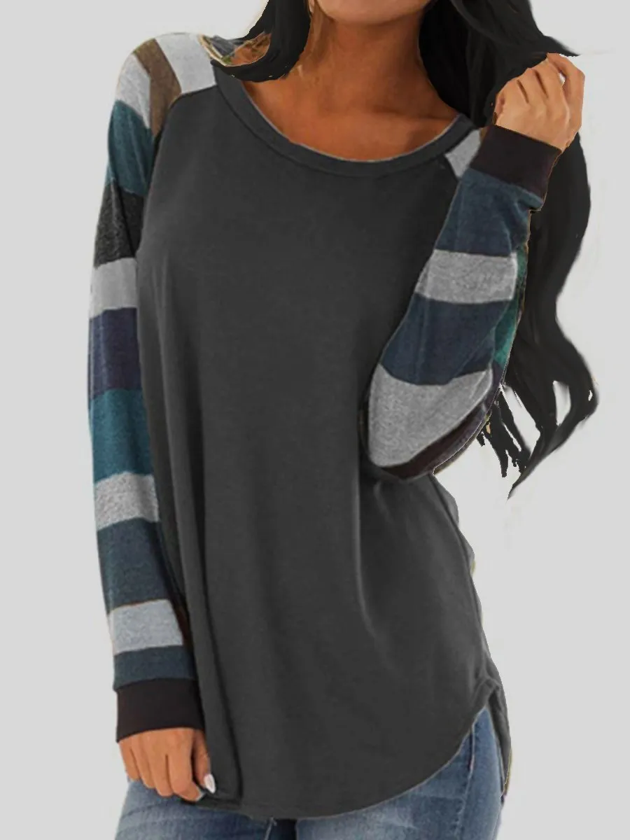 Round Neck  Patchwork  Stripes Long Sleeve T-Shirts