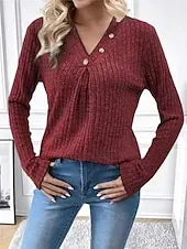 Women's T Shirt Plain Fashion Modern Casual Long Sleeve V Neck Regular Tops Daily Weekend Buttons Red Green Fall Winter