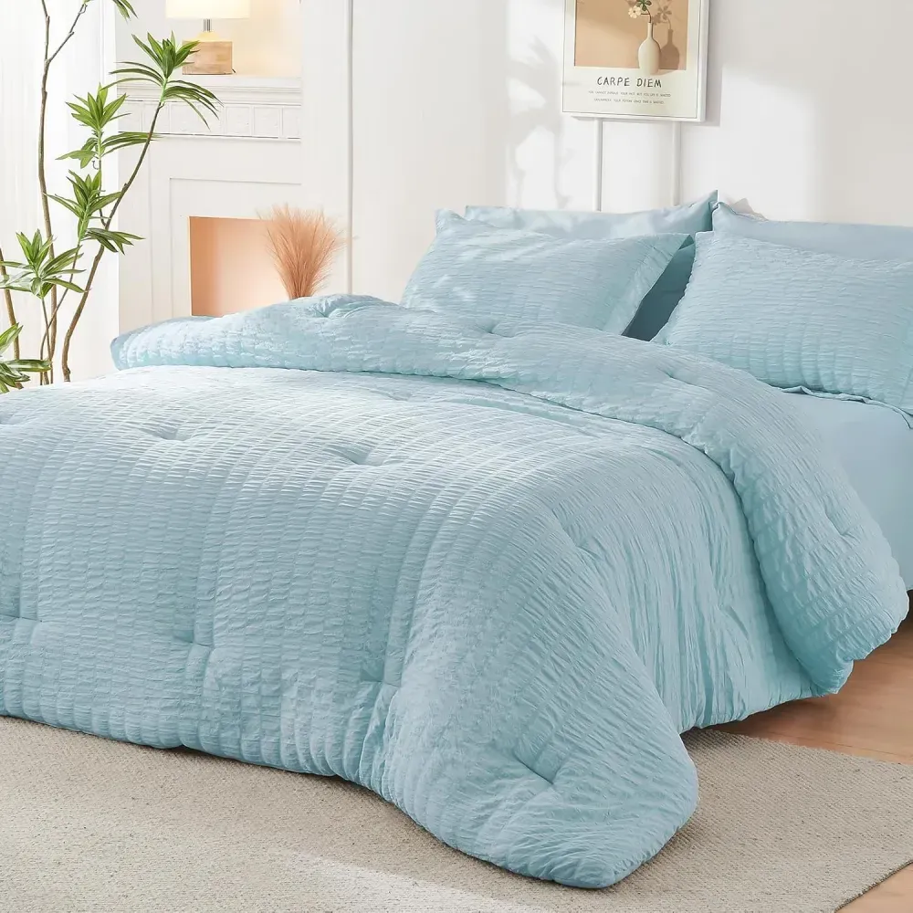 Queen Comforter Set Seersucker 7 Pieces, All Season Luxury Bed in a Bag for Bedroom, Bedding Set with Comforters, Sheets, Pillowcases & Shams, Dark Grey