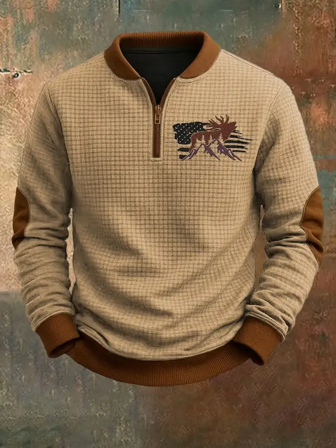 Men's Vintage Western Elk Print Jacquard Zip-Up Sweatshirt