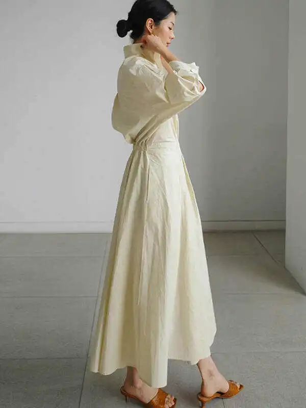 Original Solid Color Lapel Long Sleeves Midi Dress