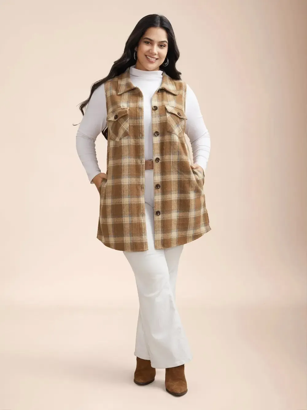 Plaid Flap Detail Sleeveless Jacket