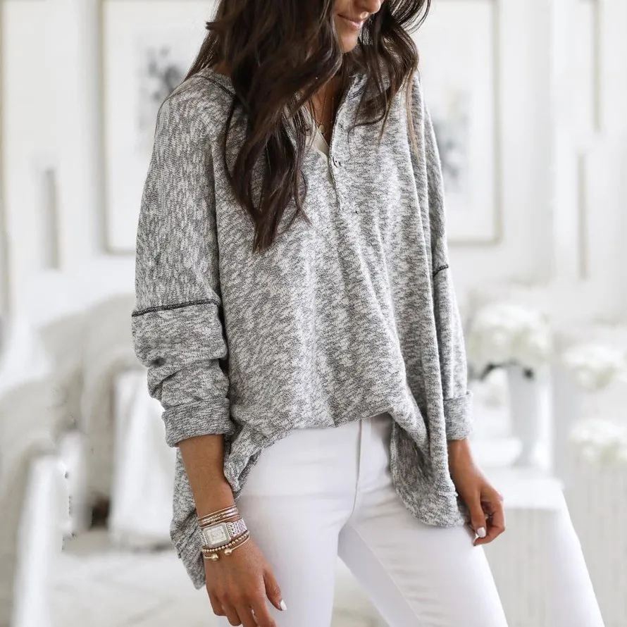 Long-Sleeve V-Neck Button Pullover Knitwear