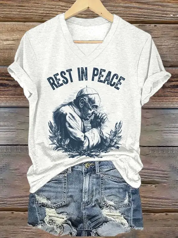 Women's Rest In Peace 1936-2025 Print Short Sleeve V-Neck Cotton T-Shirt