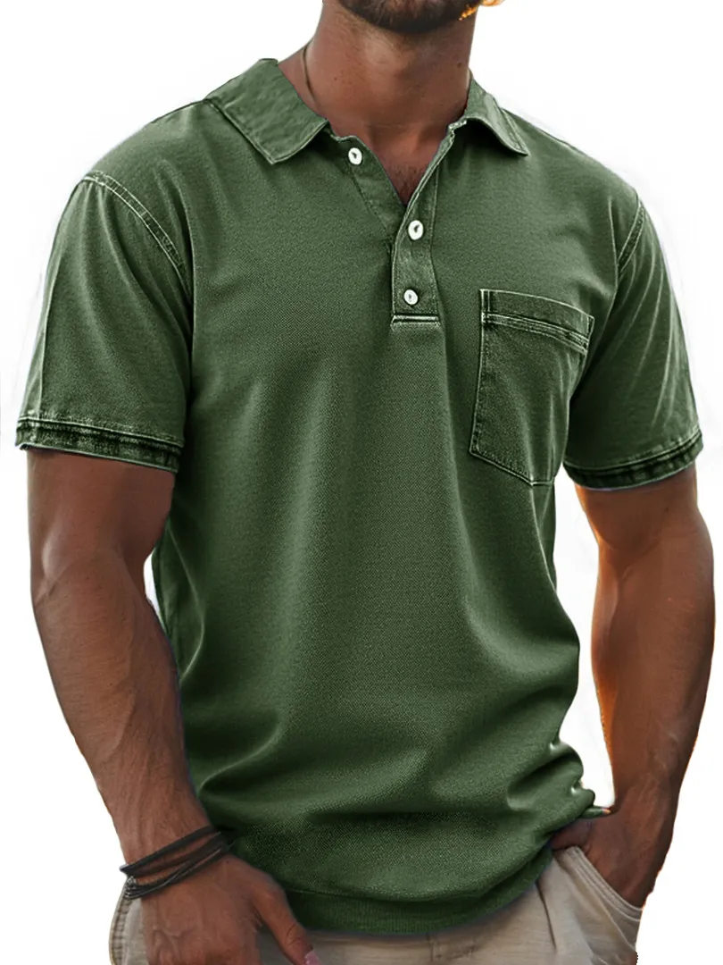 Men's Stylish Retro Pure Cotton Distressed Fabric Pocket Lapel Polo Shirt 