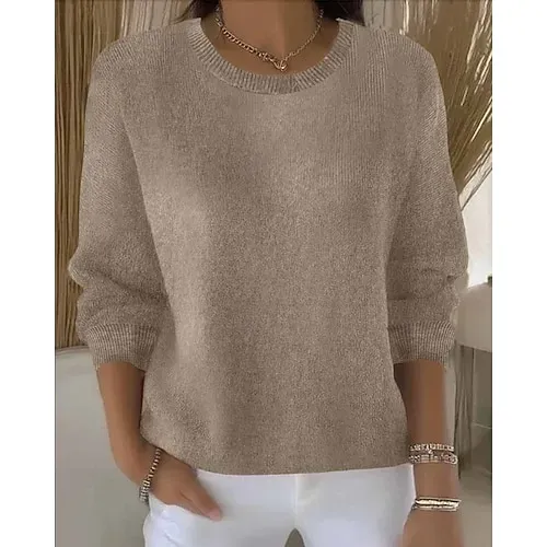 Women's Sweater Fashion Streetwear Casual Pure Color Ribbed Crew Neck Knitted Long Sleeve Regular Tops Knit Outdoor Daily Weekend Yellow Pink Fall Winter