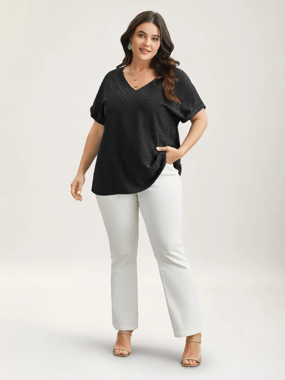 Back-Button Textured V-Neck Shirt