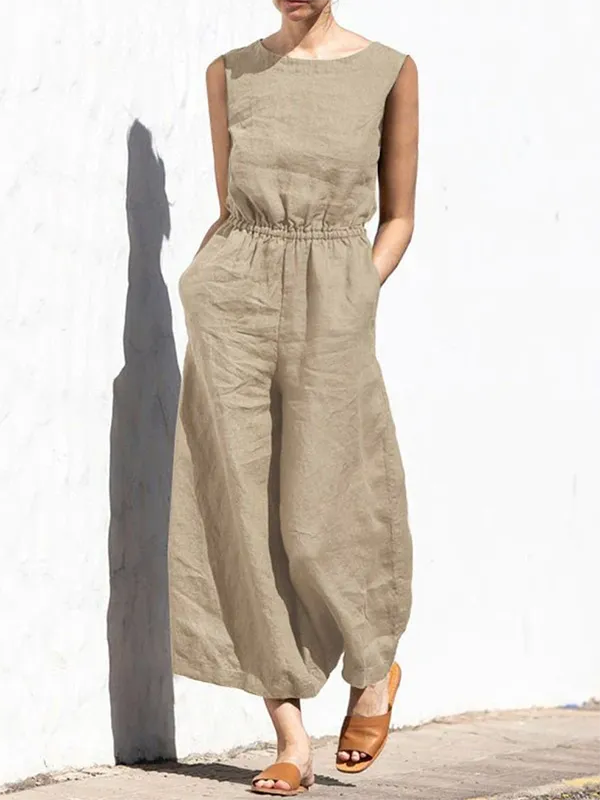 Simple Sleeveless Wide Leg Elasticity Solid Color Round-Neck Jumpsuits