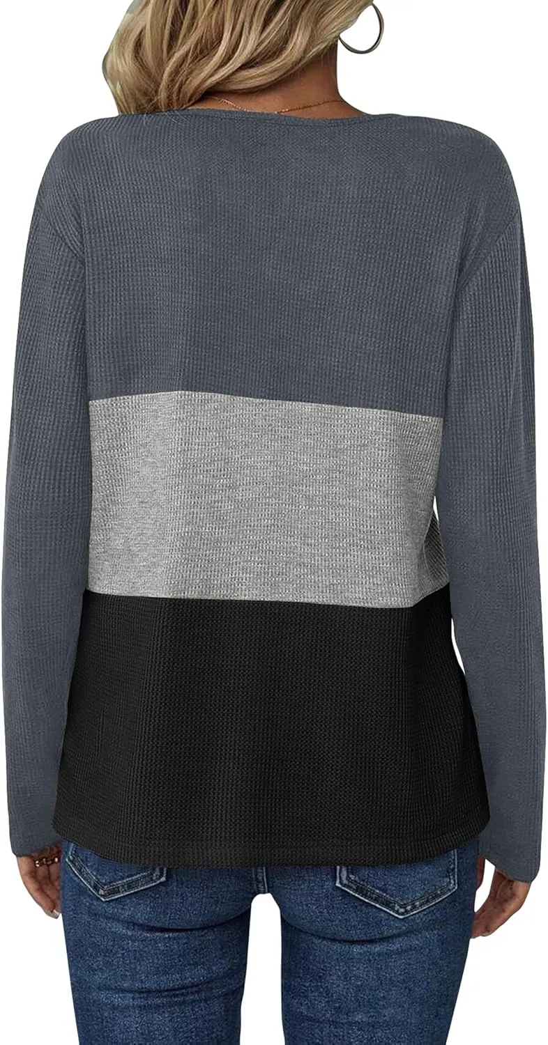 Women's Waffle Shirts V Neck Long Sleeve Tops Color Block T-Shirts Casual Tunics 2024 Fashion Basic Tees