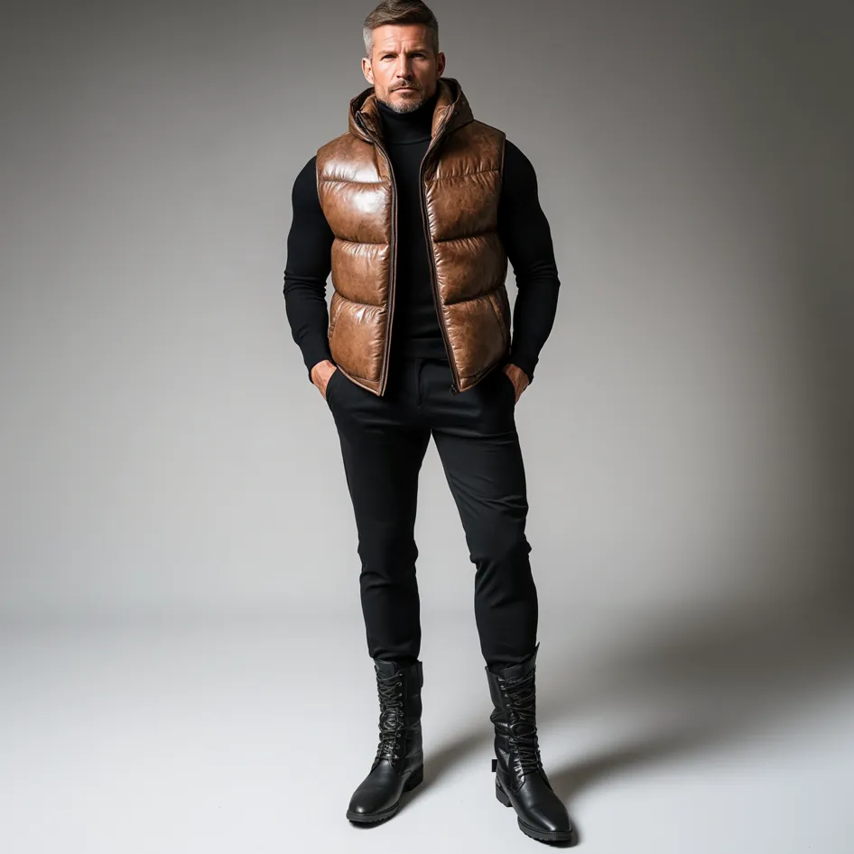 Men's Retro PU Leather Cotton-Padded Zipper Hooded Vest